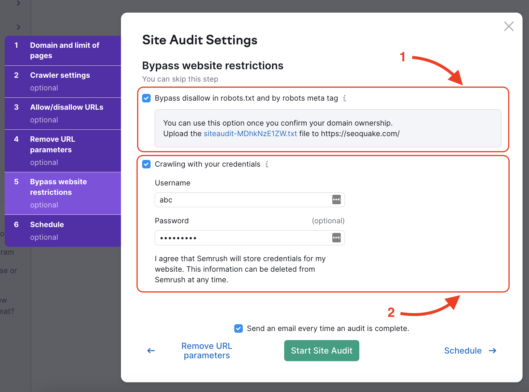 The Bypass website restrictions step of Site Audit settings. Each widget of this step is highlighted with red. A red arrow under number 1 points at the "Bypass disallow in robots.txt and by robots meta tag" option checked in. The second arrow under number 2 points at the "Crawling with your credentials option". Crawling with your credentials option is also enabled, presenting the username and password fields.